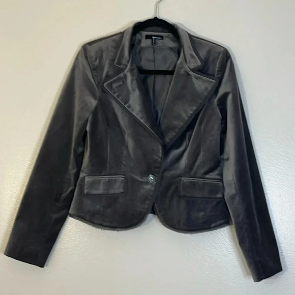 She Said | Velvet gray cropped jacket/blazer ribbon fringe Womens size 8 stretch - Picture 1 of 10